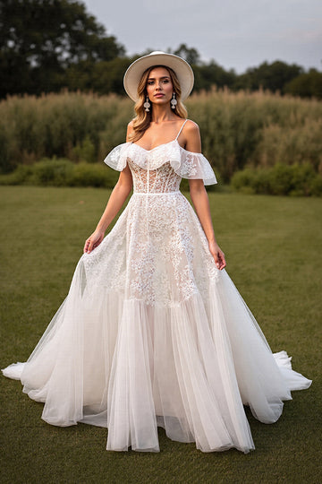 Lace Cold Shoulder Corset White Wedding Dress